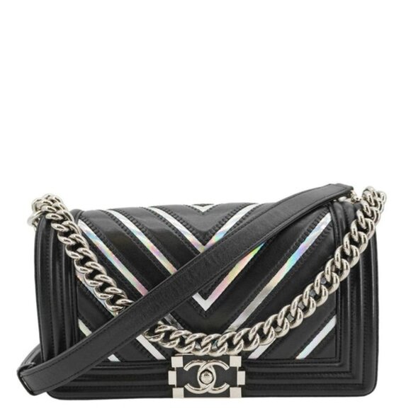 Chanel  Boy Flap Chevron Leather with Holographic PVC Crossbody Bag Black - Picture 1 of 16